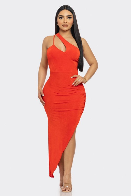 BURNT ORANGE ONE SHOULDER ASYMMETRICAL HEM BODYCON MIDI DRESS D10415D-A BURNT ORANGE ONE SHOULDER ASYMMETRICAL HEM BODYCON MIDI DRESS D10415D-A