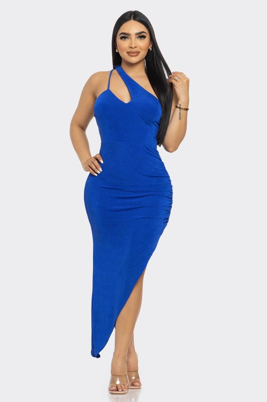 Royal Blue One Shoulder Asymmetrical Hem Bodycon Midi Dress D10415D-A
