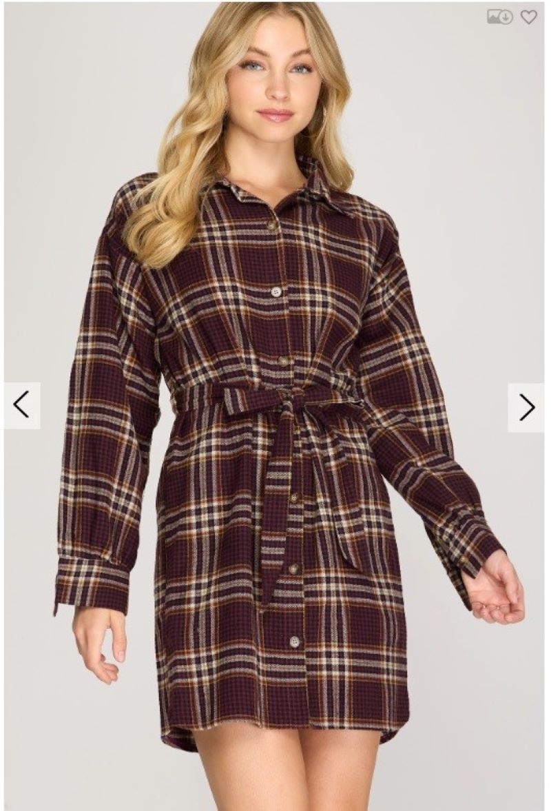 plaid long sleeve mini dress PLUM PLAID LONG SLEEVES WAIST-TIE SHIRT MINI DRESS SS8447