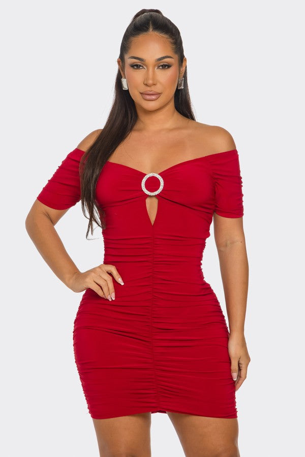 Red O-Ring Cutout Half Sleeves Off-Shoulder Mini Dress SP9659D