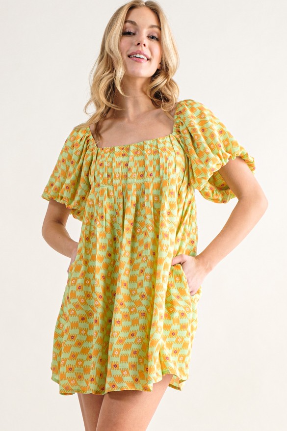 open lace back dress GEEGEE Retro Floral Bubble Sleeve Mini Dress – Beach Rose Co main image 0