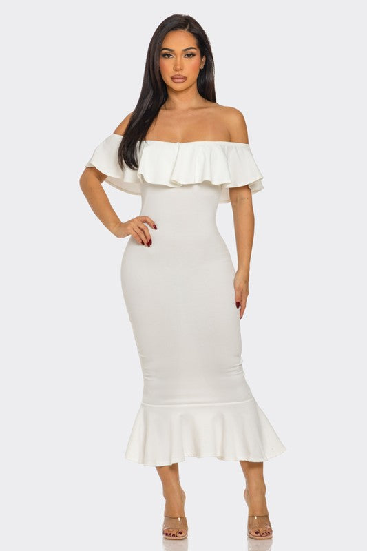 fitted lace wedding dress WHITE OFF SHOULDER RUFFLED MERMAID HEM MAXI DRESS MD9721D – Stylish  Wholesale