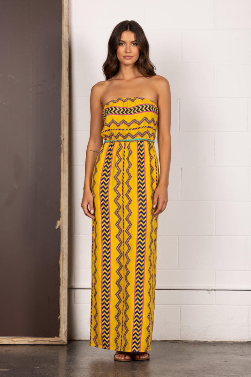 Wholesale Yellow Aztec Print Strapless Tube Maxi Dress-Missy Wholesale Yellow Aztec Print Strapless Tube Maxi Dress-Missy