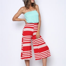 MINT RED/WHITE VERTICAL STRIPES STRAPLESS JUMPSUIT-T7079