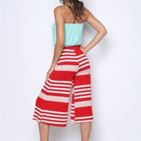 MINT RED/WHITE VERTICAL STRIPES STRAPLESS JUMPSUIT-T7079