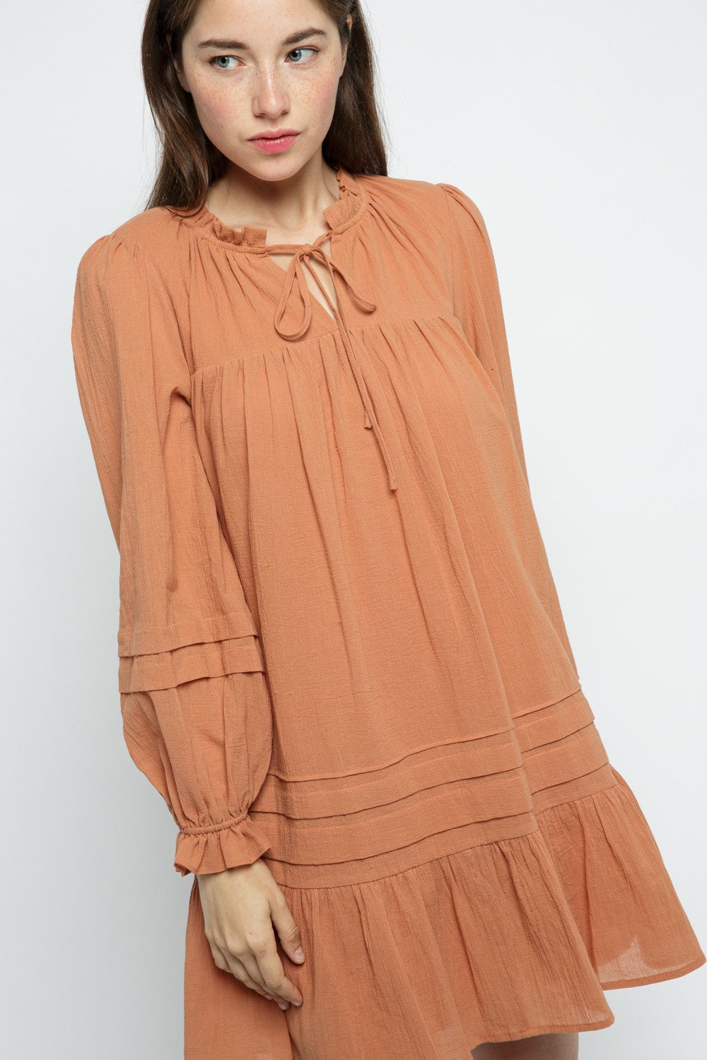 caramel mini dress CARAMEL RUFFLED TIE-NECK LONG SLEEVES MINI DRESS MDR8656
