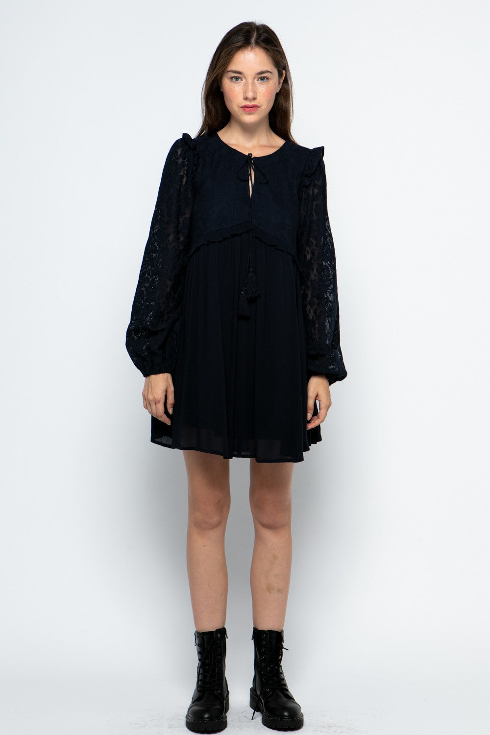 NAVY SELF-TIE TASSEL NECK LACE CONTRAST BABYDOLL MINI DRESS MDR8762 NAVY SELF-TIE TASSEL NECK LACE CONTRAST BABYDOLL MINI DRESS MDR8762