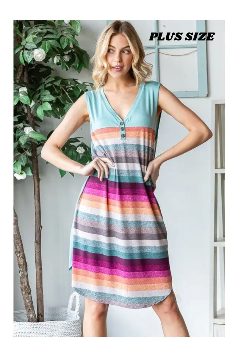 Dusty Mint Stripes Sleevesless Front Button Plus Size Mini Dress HMED6809-10X