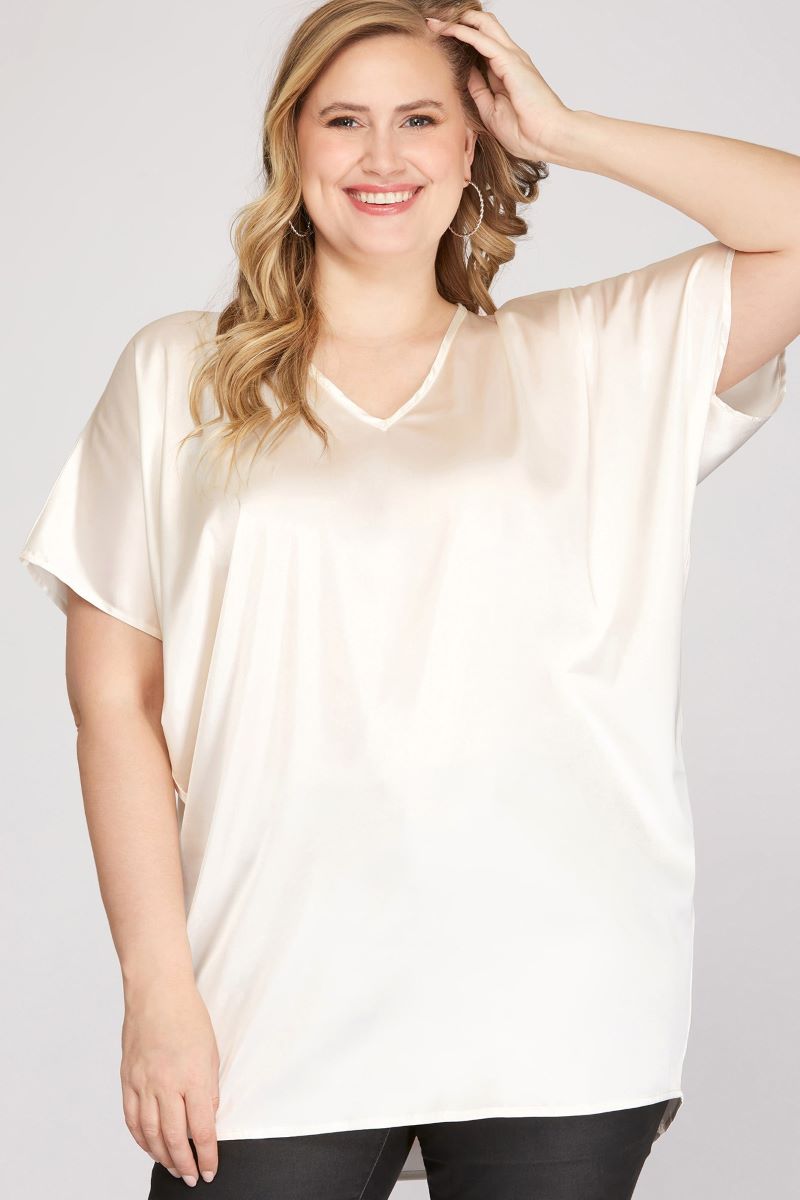 Off-White Drop Shoulder Batwing Sleeves Satin Plus Size Top SKPSY3352, image size:800x1200