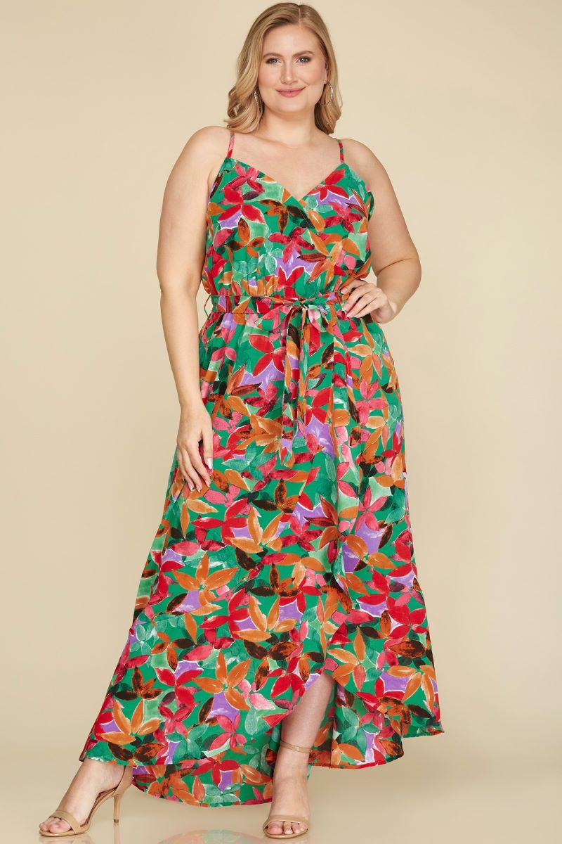 JADE GREEN FLORAL RUFFLED WRAP HEM PLUS SIZE MAXI DRESS Stylish Wholesale JADE GREEN FLORAL RUFFLED WRAP HEM PLUS SIZE MAXI DRESS Stylish Wholesale