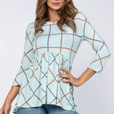 SOFT PISTACHIO GRID PRINT BABY-DOLL STYLE KNIT TOP B5511