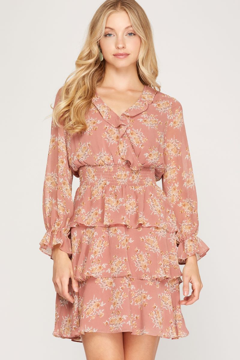 pink floral long sleeve mini dress ROSE FLORAL PRINT SMOCKED TIERED LONG SLEEVES MINI DRESS SKSS7997