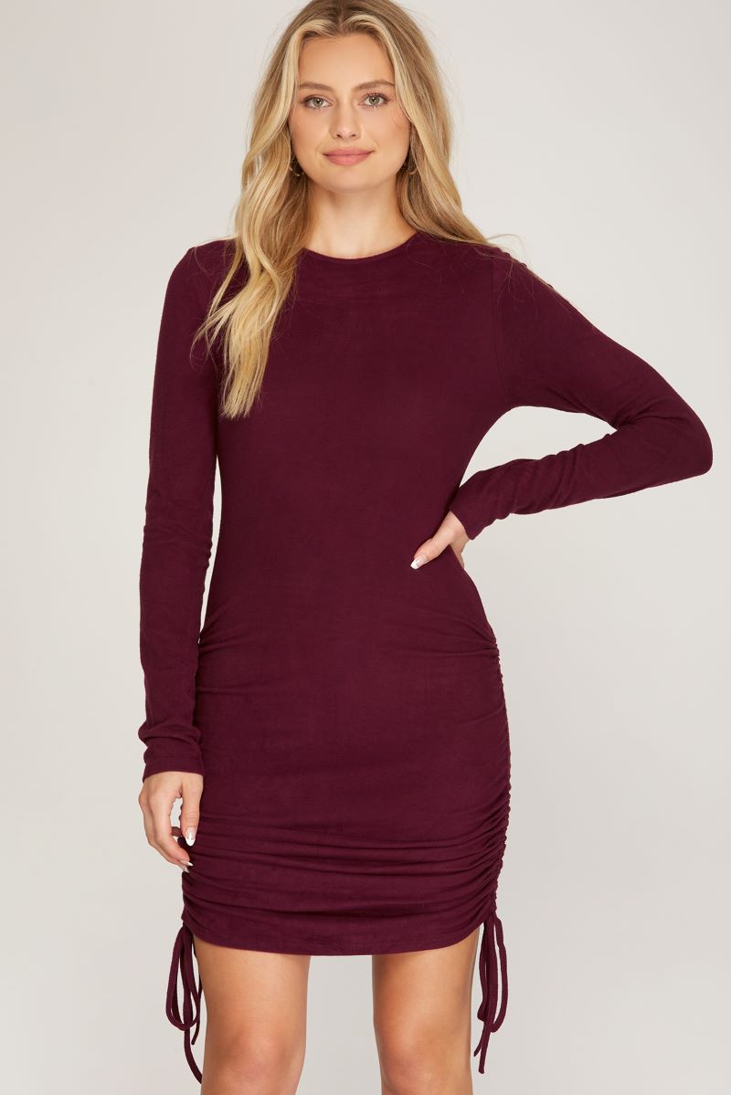 ruched side long sleeve dress WINE BRUSHED STRETCH KNIT W/RUCHED SIDE DETAIL MINI DRESS
