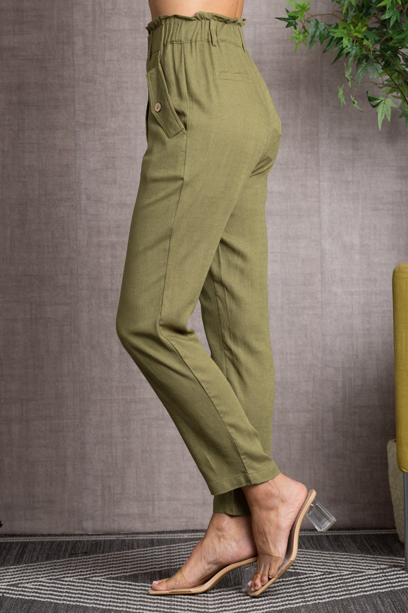 OLIVE CASUAL BUTTON DETAILED ELASTIC WAISTBAND STRAIGHT LEG PANTS-NP70192