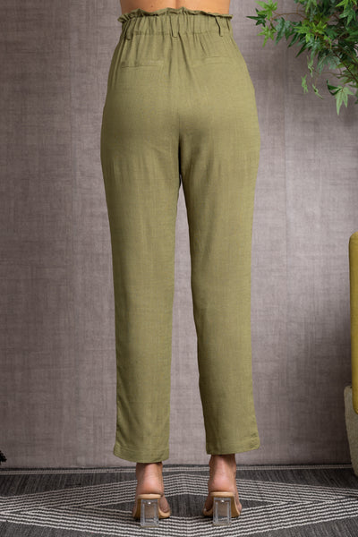 OLIVE CASUAL BUTTON DETAILED ELASTIC WAISTBAND STRAIGHT LEG PANTS-NP70192