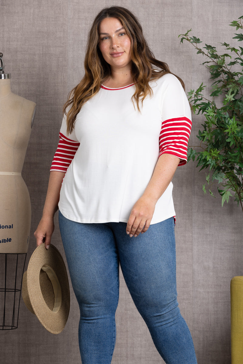 STRIPES DOLMAN SLEEVES ROUNDED HEM PLUS SIZE TOP-CT43557A