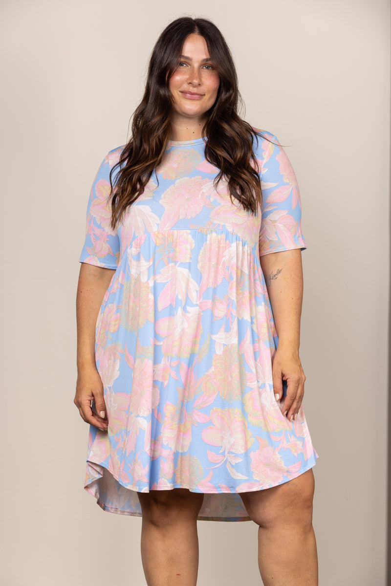 Wholesale Pastel Blue Baby Doll Short Sleeves Plus Size Midi Dress-Plus Size