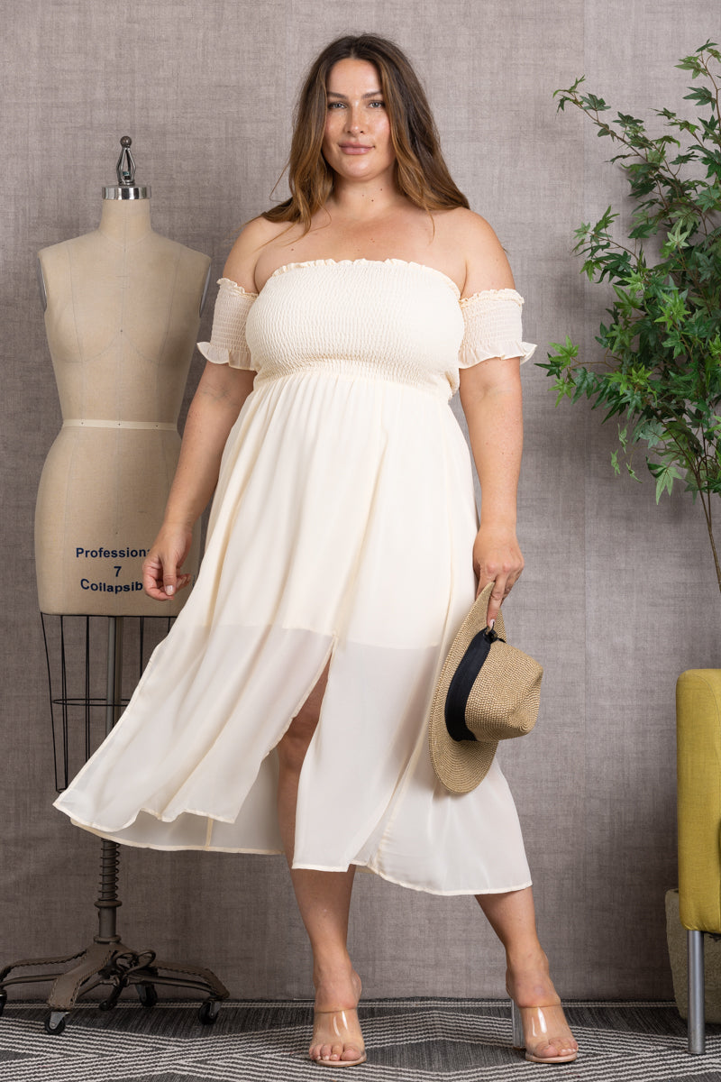 Ivory Chiffon Off-Shoulder Plus Size Midi DRESS-D4563SX