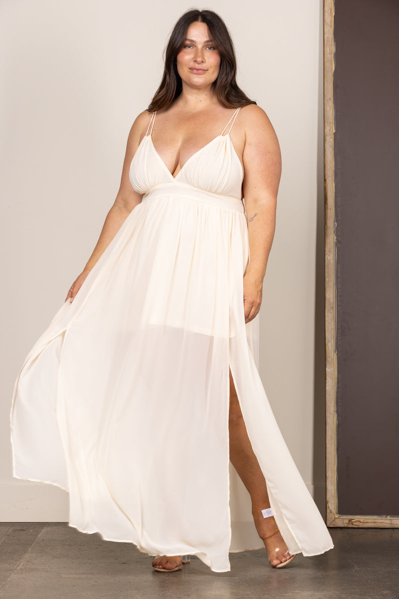 Wholesale Ivory Chiffon Open Back Plus Size Maxi Dress-Plus Size Wholesale Ivory Chiffon Open Back Plus Size Maxi Dress-Plus Size