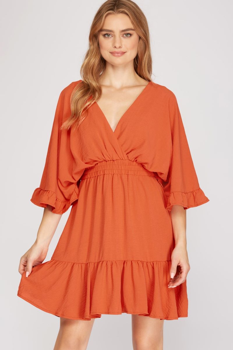 orange mini wrap dress ORANGE RUFFLED DOLMAN SLEEVES ELASTIC WAIST WOVEN MINI DRESS