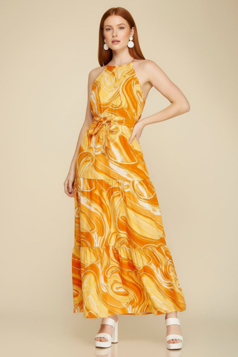 SUNFLOWER SLEEVELESS HALTER NECK TIERED WOVEN MAXI DRESS-SKSY3992. SUNFLOWER SLEEVELESS HALTER NECK TIERED WOVEN MAXI DRESS-SKSY3992.
