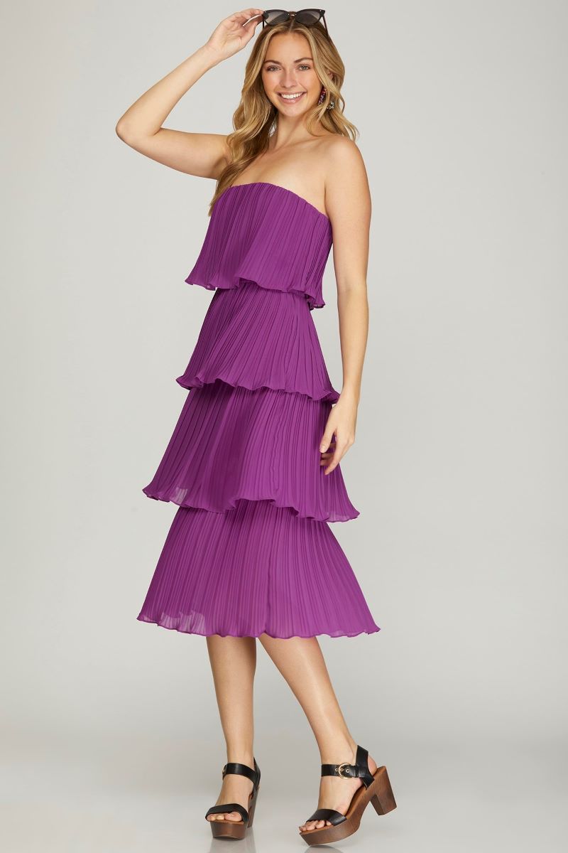 PURPLE TUBE ELASTIC WAIST PLEATED LAYER WOVEN MIDI DRESS