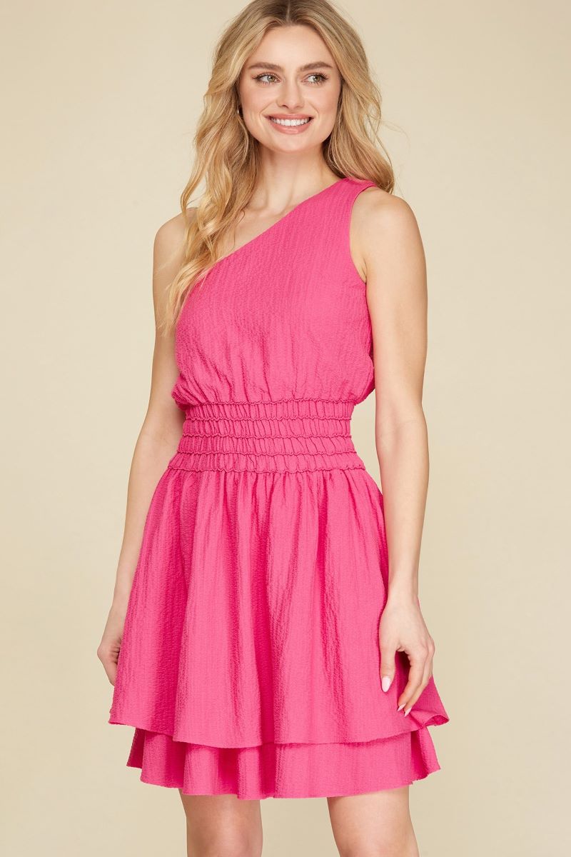 knee length dresses for ladies Hot Pink One Shoulder Smocked Waist Textured Woven Mini Dress Hot Pink / 2S - 2M