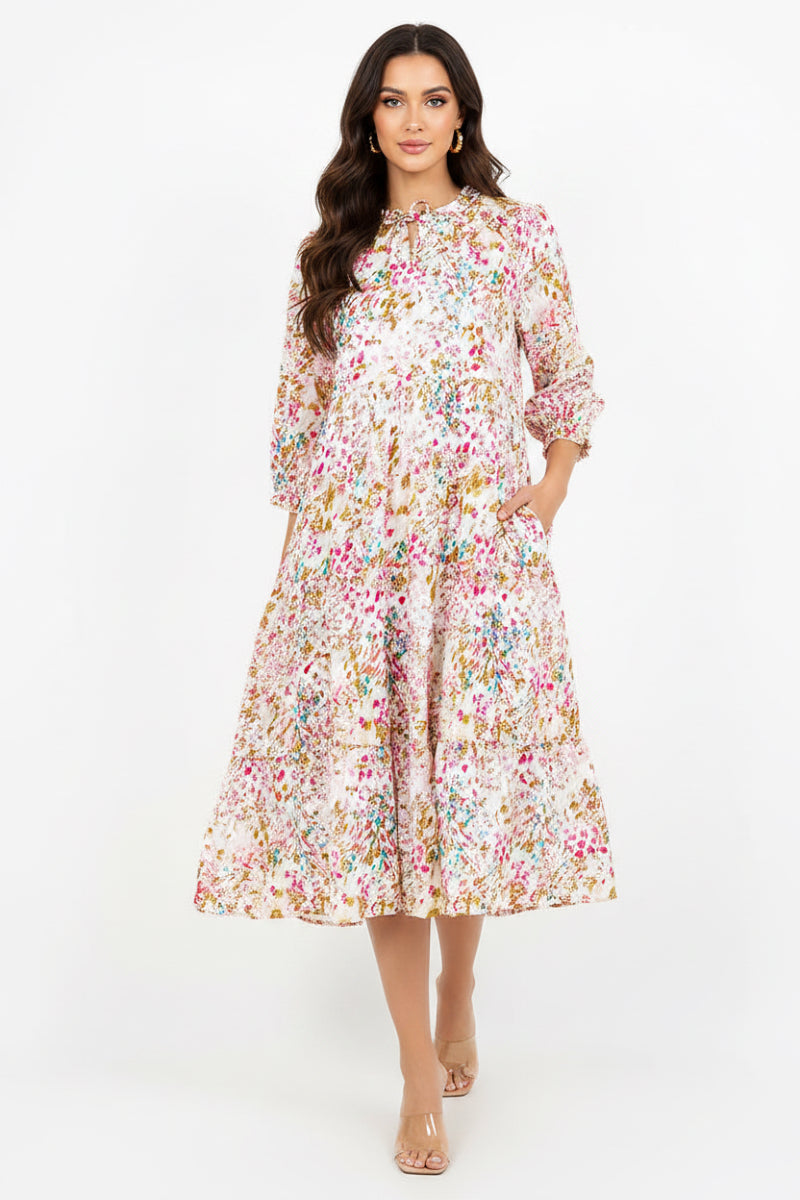 boho midi dress long sleeve TIERED BOHO FLORAL MIDI DRESS 3/4 SLEEVES DETAIL RUFFLED NECK – Stylish  Wholesale