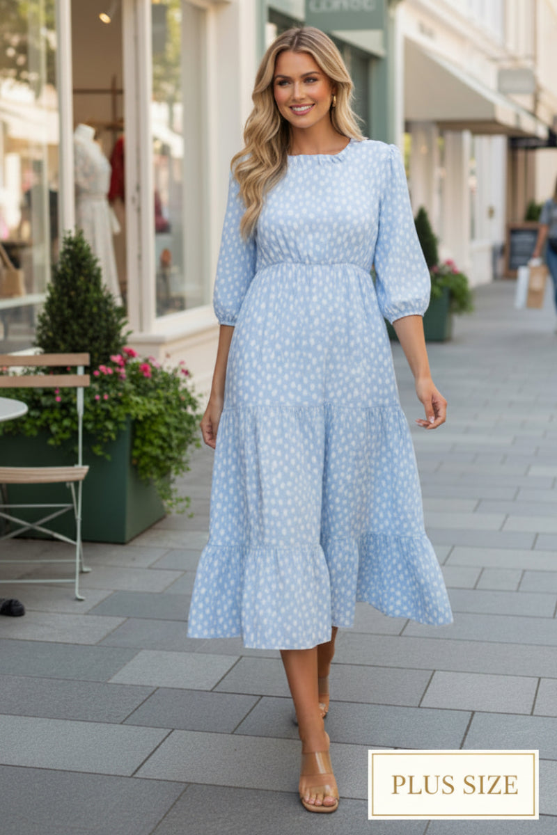 PLUS SIZE RELAXED EMPIRE WAIST FLOWY MIDI DRESS SHVL6089-A Blue