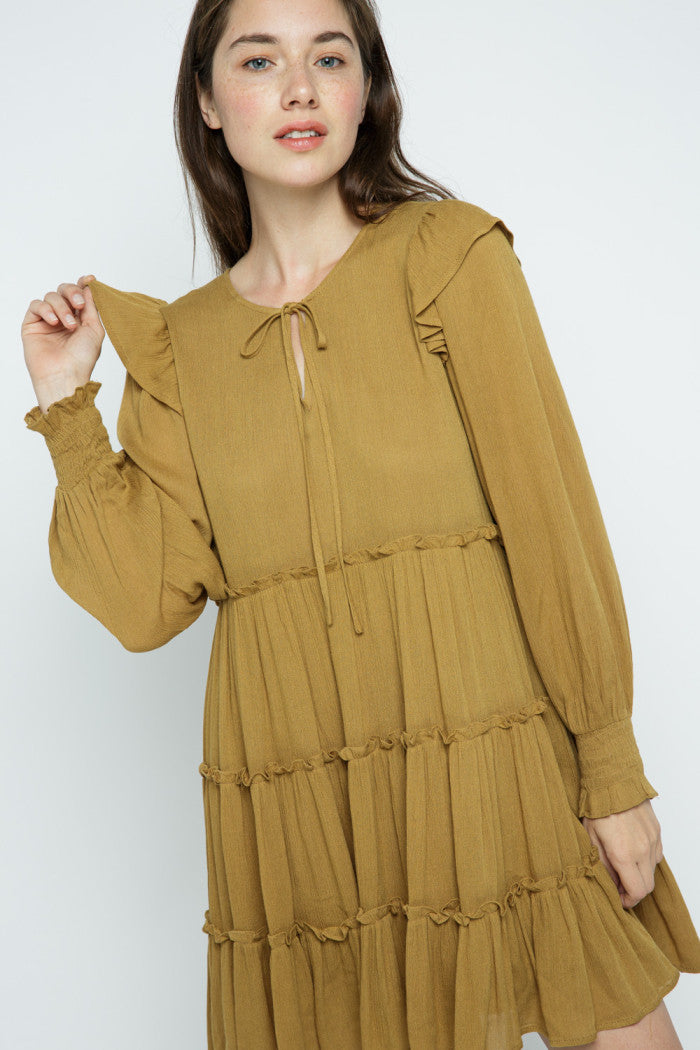 ruffled babydoll mini dress SANDSTORM TIE-NECK SMOCK CUFF SLEEVES RUFFLED BABYDOLL MINI DRESS MDR8654