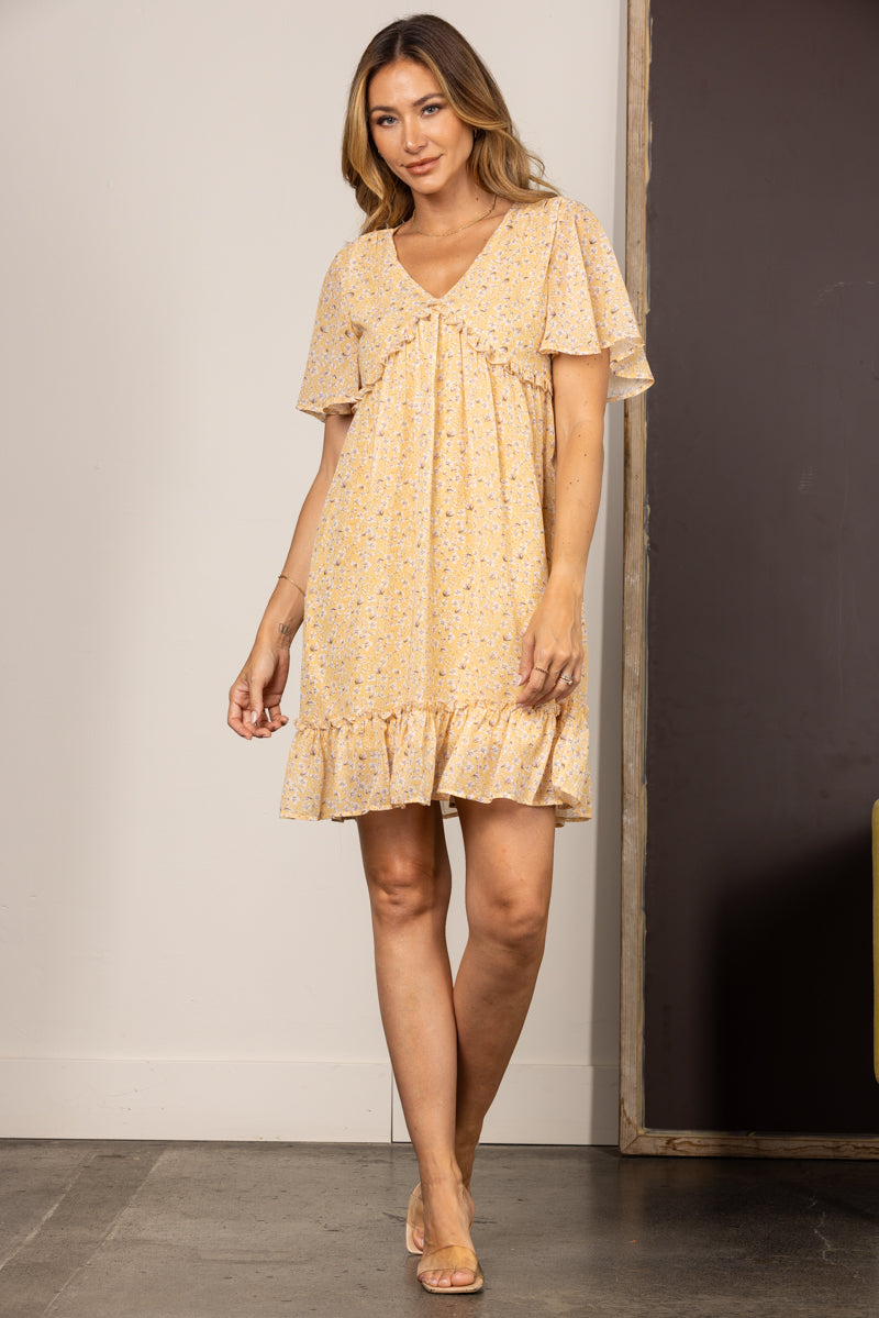 chiffon yellow mini dress CHIFFON FLORAL BELL SLEEVES RUFFLED MINI DRESS SD63921 * 2S-2M-2L / Yellow / Young Contemporary