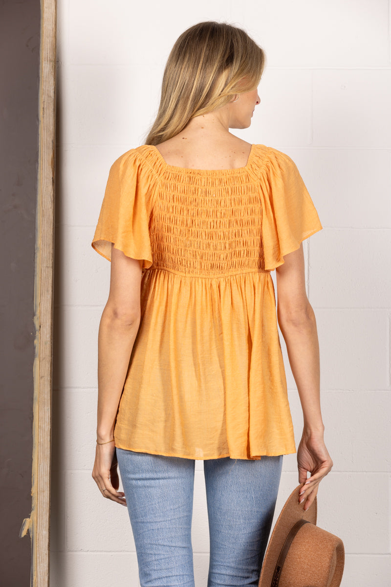 APRICOT RUCHED V-NECK BUTTERFLY SHORT SLEEVES TOP SY1270