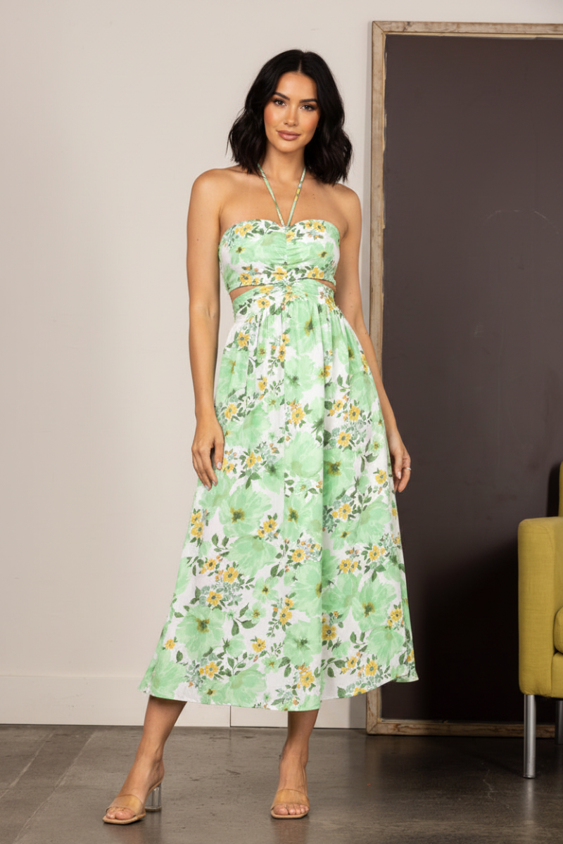 GREEN FLORAL HALTER NECK CUT-OUT SIDE MAXI DRESS SDH00735