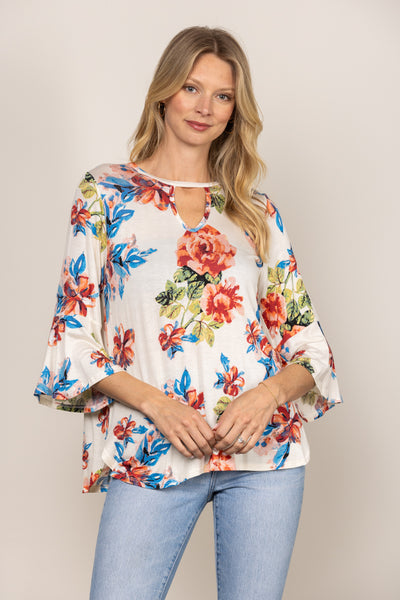 T1486-Wholesale OFFWHITE ROUND KEYHOLE FLORAL PRINT BELL 3/4 SLEEVES TOP