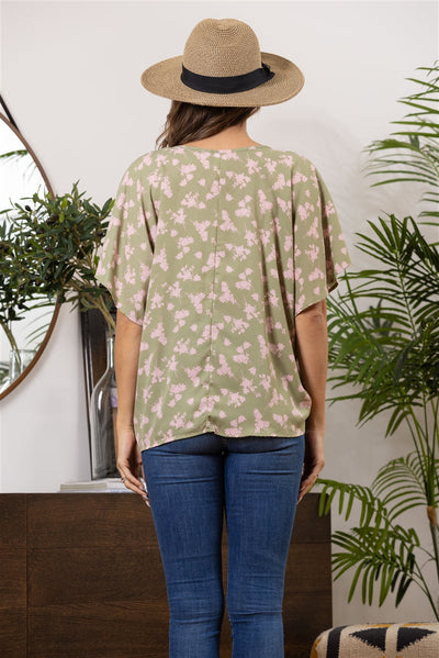 OLIVE FLOWER PRINT FRONT KNOT TOP T1999-1