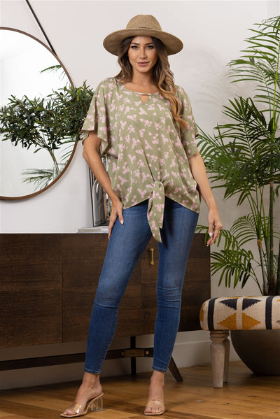 OLIVE FLOWER PRINT FRONT KNOT TOP T1999-1