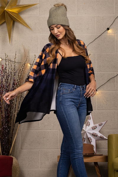 APRICOT NAVY PLAID PRINT BLACK OMBRE CONTRAST COVER-UP PONCHO-B5604