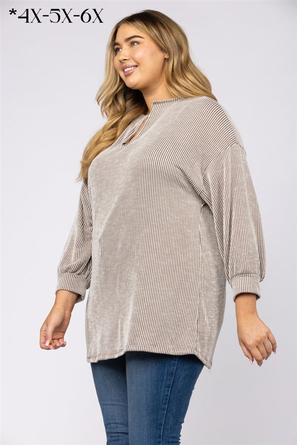 TAUPE AND WHITE STRIPES LONG SLEEVES PLUS SIZE POLO ST859