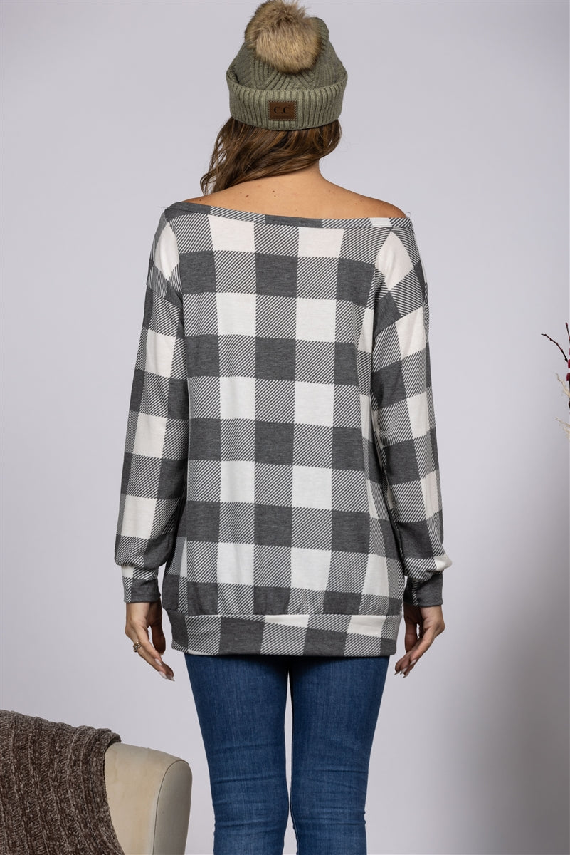 IVORY STEEL GREY MADRAS PRINT OVERSIZE PULLOVER TOP-ST1788-13