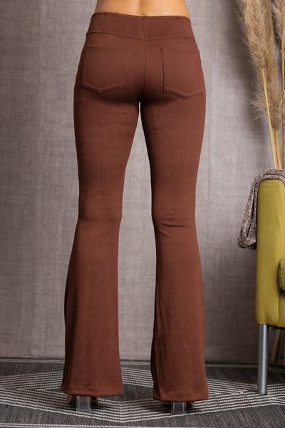 BROWN MID-RISE RIBBED KNIT WIDE LEG PANTS-P7236