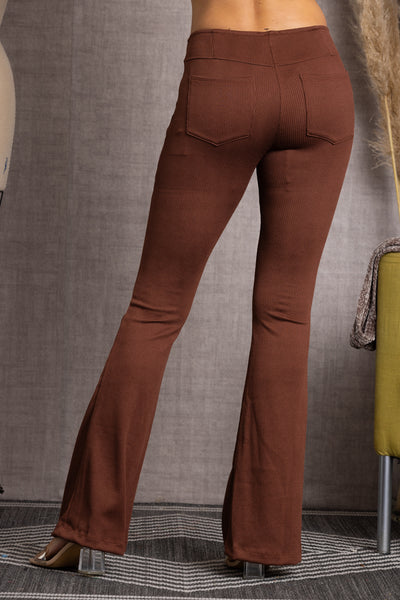 BROWN MID-RISE RIBBED KNIT WIDE LEG PANTS-P7236