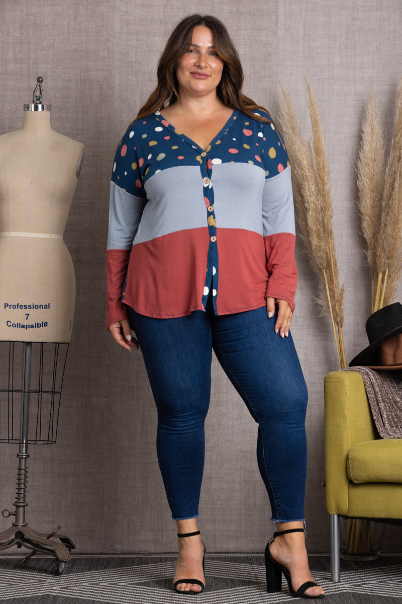 Wholesale Navy Mixed-Pattern Button Down Sweater Plus Size-Plus