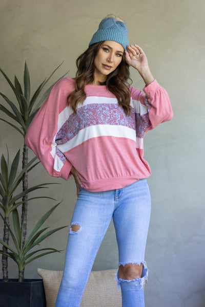 TJ10890-Wholesale PINK FLORAL PRINT ACCENT LONG SLEEVE TOP