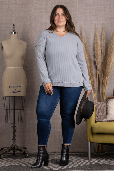 M5044P-Wholesale STEEL RIBBED KNIT LONG SLEEVES PLUS SIZE TOP