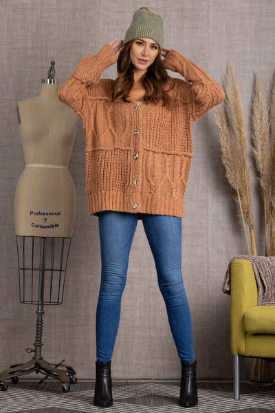 SS7405-Wholesale CAMEL CABLE KNIT BUTTON DOWN LONG SLEEVES CARDIGAN