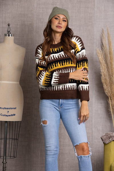 ILT1374-Wholesale BROWN CABLE KNIT SWEATER