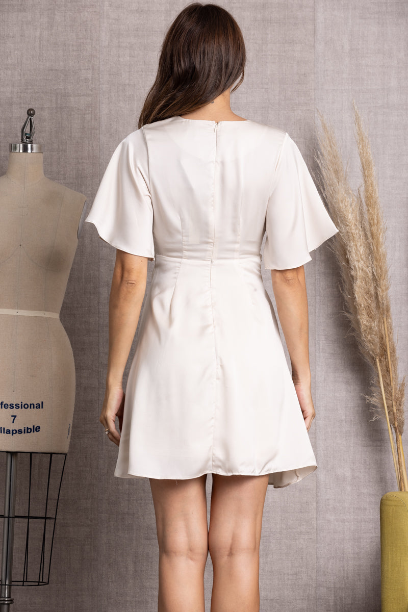 ALMOND SOLID TWISTED FRONT SHORT SLEEVE MINI DRESS-SY2162