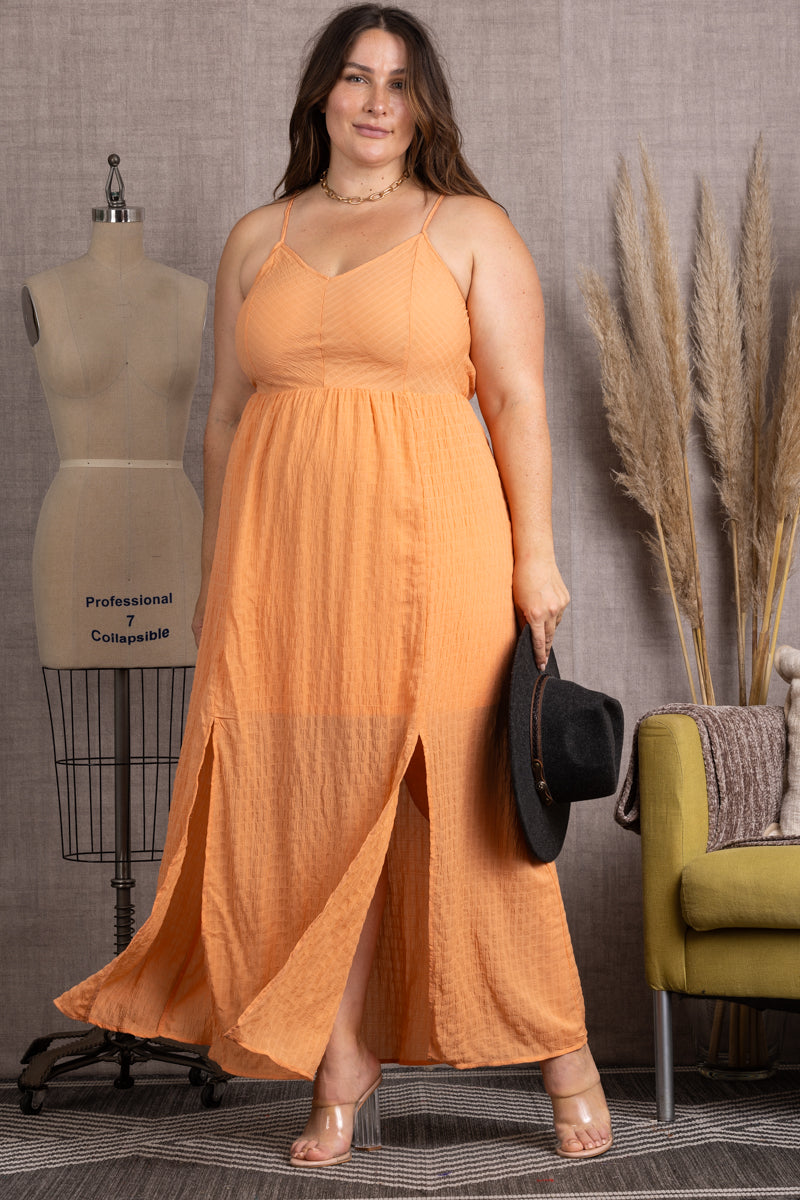 Wholesale Coral Spaghetti Strap Tie Back Plus Size Midi Dress-Plus Size Wholesale Coral Spaghetti Strap Tie Back Plus Size Midi Dress-Plus Size
