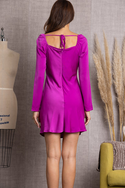 MAGENTA PLUNGING NECK LONG SLEEVES MINI DRESS-SY2522
