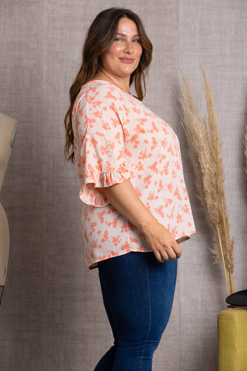 PEACH FLORAL PRINT BELL SHORT SLEEVE PLUS SIZE TOP-T2029